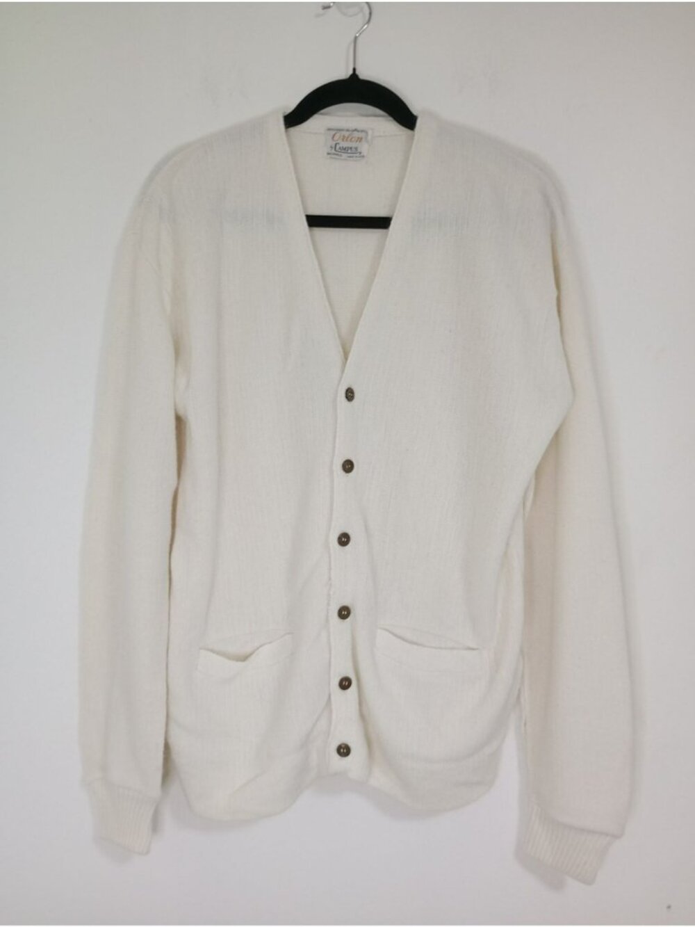 Vintage Orlon Campus Acrylic Cardigan Sweater L White Button-Up Front Pockets